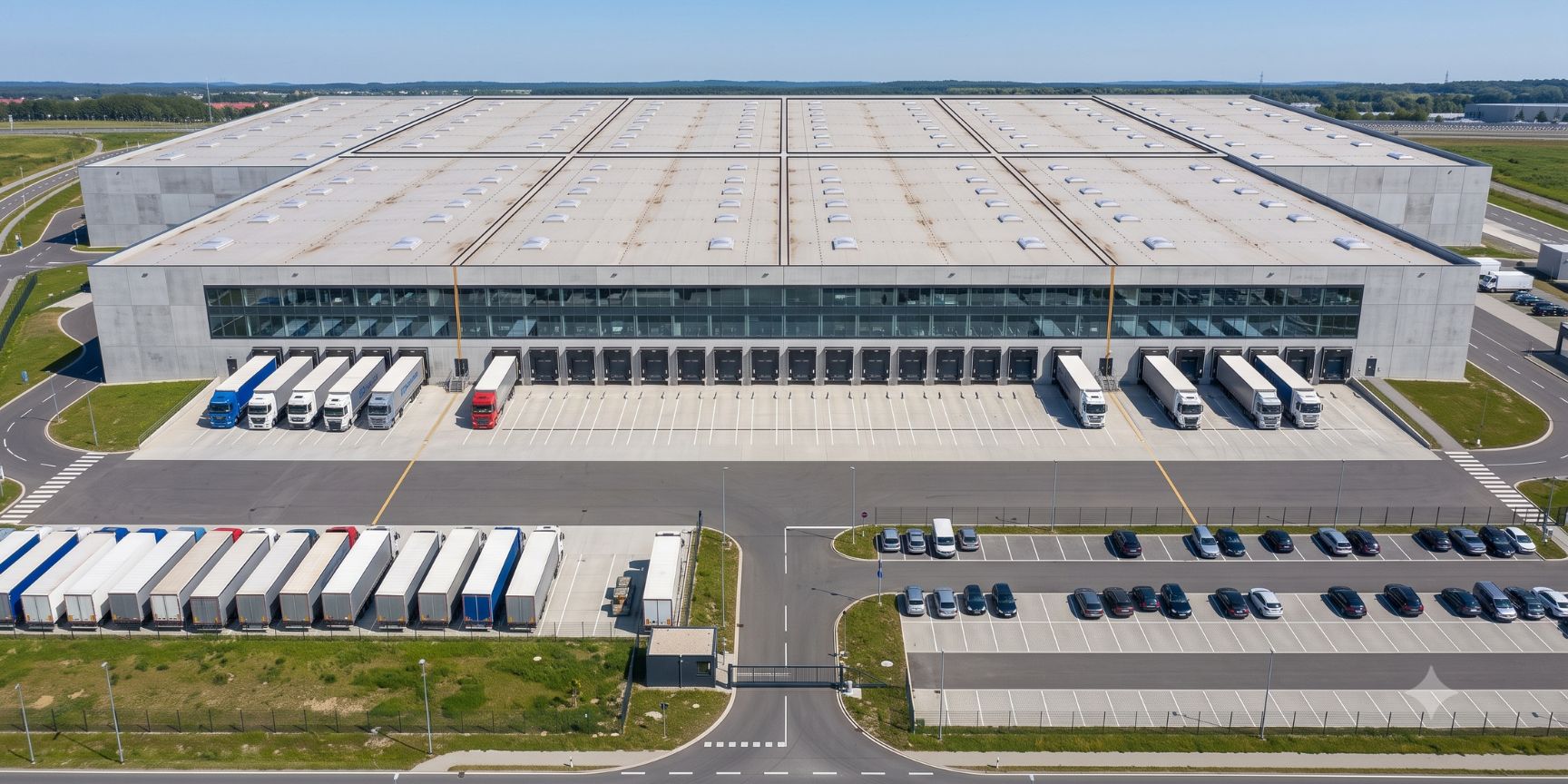 Luftaufnahme moderne Logistikhalle, effizienter U-Form-Warenfluss, Lkw-Docks einseitig, flexible Multi-User Nutzung, hohe Drittverwendungsfähigkeit, Barrierefreiheit.